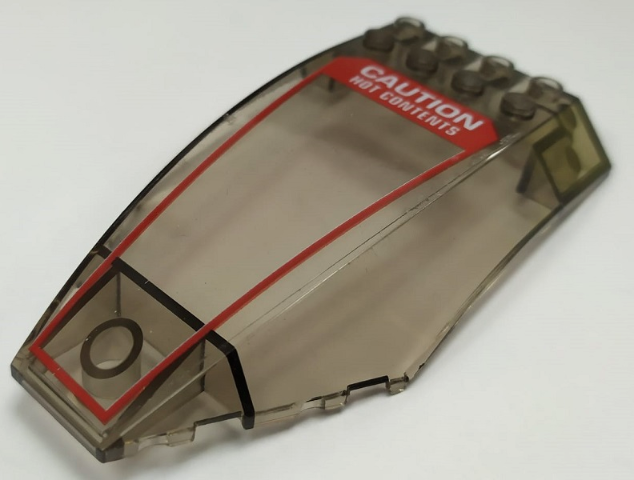 Lego Windscreen 10 x 6 x 2 Curved with White 'CAUTION HOT CONTENTS' and Red Frame Pattern (Sticker) - Set 70908 / Trans-Brown