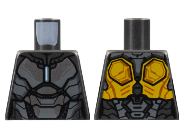 Lego Torso Armor, Silver and Dark Bluish Gray Panels, Shiny Blue Rod Arc Reactor, Pearl Gold Trim on Back Pattern / Pearl Dark Gray