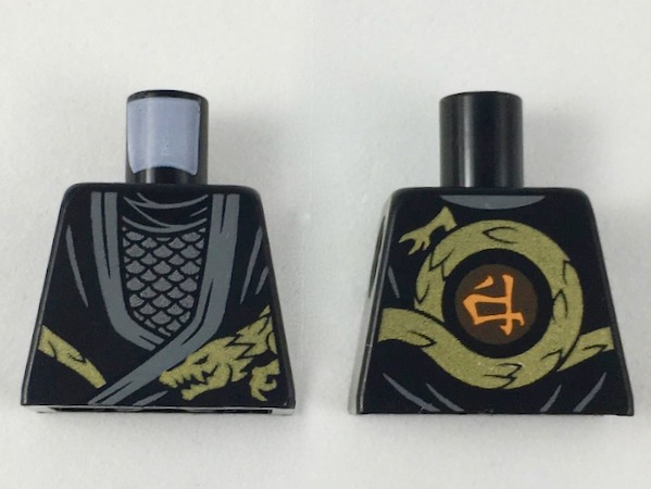 Lego Torso Ninjago Robe with Dark Bluish Gray Hems, Gold Dragon Head and Tail, Silver Scale Armor Pattern / Black