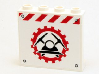 Lego Panel 1 x 4 x 3 with Side Supports - Hollow Studs with Miners Logo (Helmet with Crossed Pickaxes in Gear) Pattern (Sticker) - Set 4204 / White