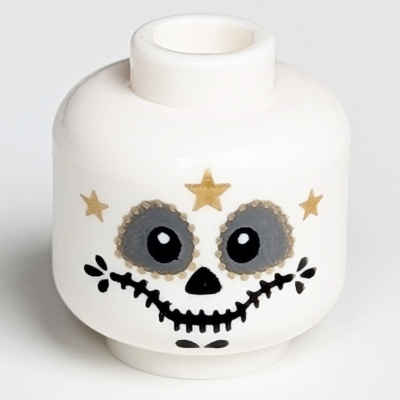Lego Minifig Head Skeleton, Catrin/Mariachi, Dark Bluish Gray Round Eyes, Gold and Black Decorations Print / White