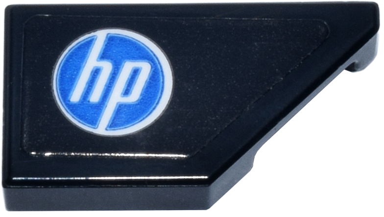 Lego Tile, Modified 1 x 2 Wedge Right with Blue and White Circle 'hp' Logo Pattern (Sticker) - Set 77242
