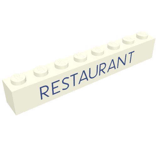 Lego Brick 1 x 8 with 'RESTAURANT' Blue Print / White
