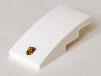 Lego Slope, Curved 4 x 2 with Porsche Logo on White Background Pattern (Sticker) - Set 75895 / White