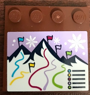 Lego Tile, Modified 4 x 4 with Studs on Edge with Snowflakes, Mountains, Flags, and Ski Trails Pattern (Sticker) - Set 41324 / Reddish Brown