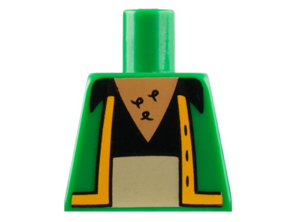 Lego Torso Simpsons Jacket with Bright Light Orange Trim over Black Shirt with Collar, Tan Pants Top, Medium Nougat Chest with Hair Pattern / Green