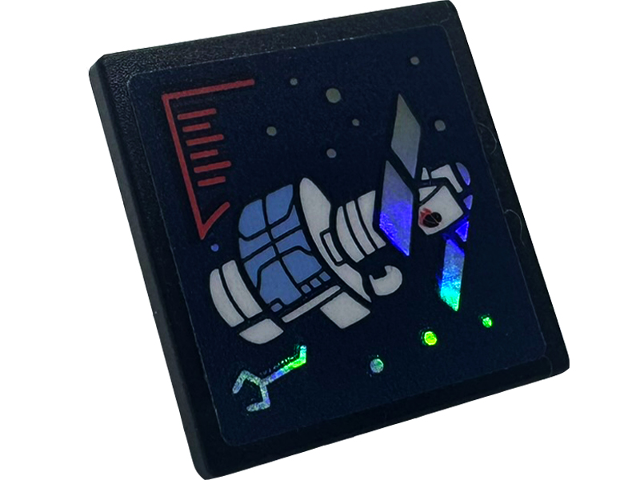 Lego Road Sign 2 x 2 Square with Open O Clip with Screen with White and Bright Light Blue Satellite, Coral Writing, Iridescent Mirrored Solar Panels and Dots on Dark Blue Background Pattern (Sticker) - Set 41713 / Black