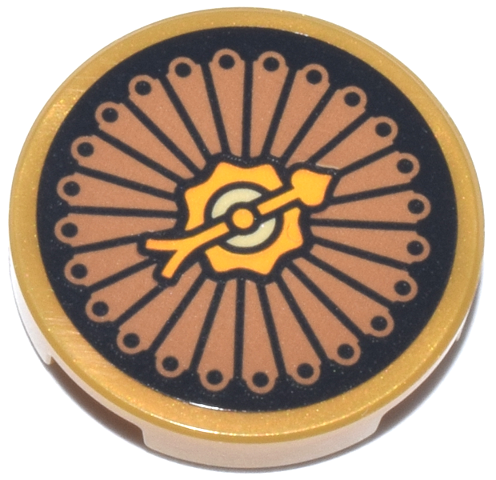 Lego Tile, Round 2 x 2 with Bottom Stud Holder with Medium Nougat and Black Clock Face and Bright Light Orange Hand Pattern (Sticker) - Set 76437