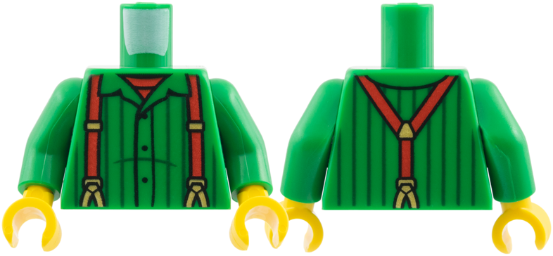 Lego Torso Buttonup with Black Pinstripes, Red Undershirt and Overalls Pattern Pattern / Green Arms / Yellow Hands