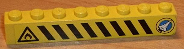 Lego Brick 1 x 8 with Black and Yellow Danger Stripes, Shuttle Right, Flame Left Pattern (Sticker) - Set 6459 / Yellow