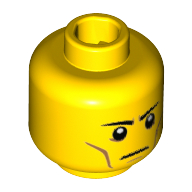 Lego Minifig Head Flying Warrior, Eyebrows Straight, White Pupils, Cheek and Jaw Lines, Straight Line Mouth (Frown) [Hollow Stud] / Yellow