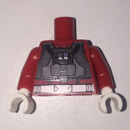 Lego Torso Flight Suit with Dark Bluish Gray Vest and White Belt and Black Panel Print (Rebel A-wing Pilot), Red Arms, White Hands / Red