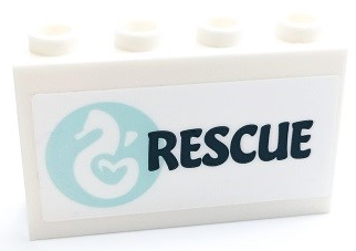 Lego Panel 1 x 4 x 2 with Side Supports - Hollow Studs with Seahorse in Light Aqua Circle and Dark Blue 'RESCUE' Pattern Model Left Side (Sticker) - Set 41381