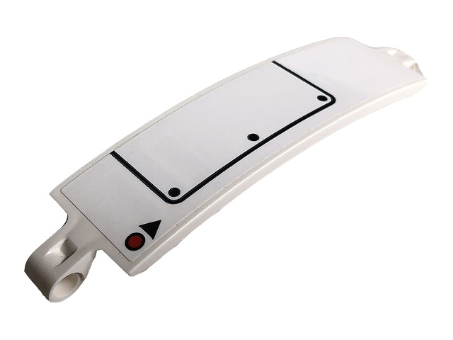 Lego Technic, Panel Curved 3 x 13 with Small Red Dot and Black Triangle, 5 Dots and Access Hatch Line on White Background Pattern (Sticker) - Set 42096 / White