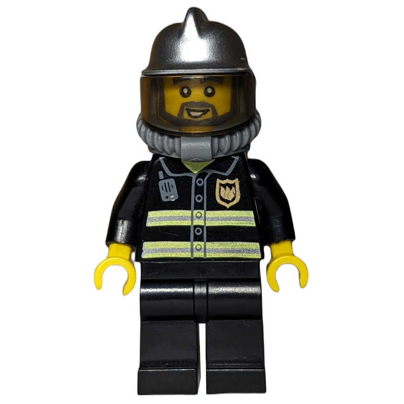 Lego Fireman, Black Fire Jacket with Radio and Badge, Silver Helmet with Visor, Airtanks, Breathing Apparatus, Beard