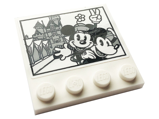 Lego Tile, Modified 4 x 4 with Studs on Edge with Mickey and Minnie Mouse and Castle Pattern (Sticker) - Set 43179