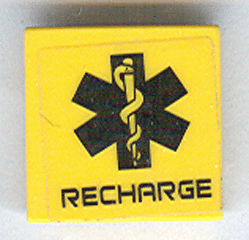 Lego Tile 2 x 2 with Black EMT Star of Life and 'RECHARGE' Pattern (Sticker) - Set 7709 / Yellow