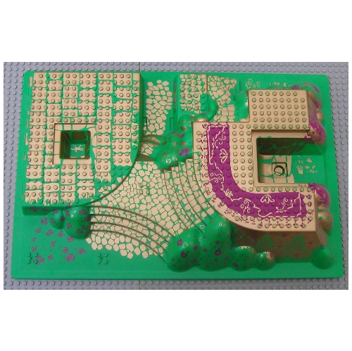 Lego Baseplate Raised 32 x 48 x 6 with Front and Back Steps and Gold and Magenta Palace Print / Bright Green