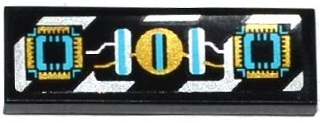 Lego Tile 1 x 3 with Gold, Silver and Medium Azure Circuitry and Microchips over Silver Danger Stripes Pattern (Sticker) - Set 70167 / Black