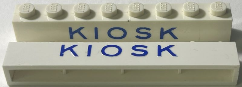 Lego Brick 1 x 8 without Bottom Tubes with Cross Side Supports with Blue 'KIOSK' Sans-Serif Thin (Letters Wide) Pattern