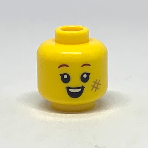 Lego Minifig Head, Dark Tan '#' Scuff on Cheek, Smile, Closed Mouth / Open Mouth Print / Yellow
