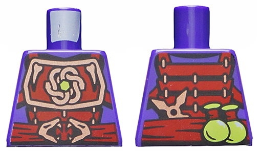 Lego Torso Ninjago Copper and Dark Red Samurai Armor, Snake Heads Belt Buckle, Shuriken Throwing Star and Vials on Reverse Pattern / Dark Purple