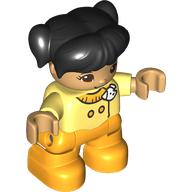Lego Duplo Figure Child with Ponytails and Bangs Black, Bright Light Orange Legs, Jacket with White Badge Print / Bright Light Yellow