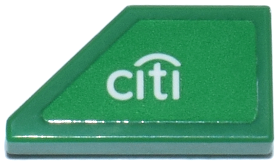 Lego Tile, Modified 1 x 2 Wedge Right with White 'citi' Logo Pattern (Sticker) - Set 76925 / Green