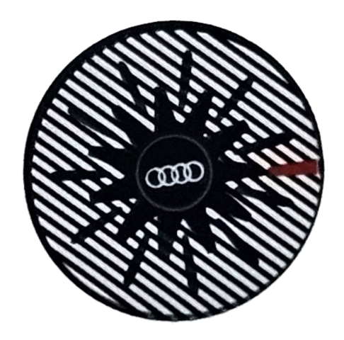 Lego Tile, Round 2 x 2 with Bottom Stud Holder with White Audi Logo, Silver Stripes, and Red Stripe Pattern / Black