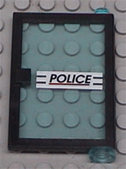 Lego Door 1 x 4 x 5 Right with Trans-Light Blue Glass and 'POLICE' Red Line Pattern (Sticker) - Set 6598 / Black