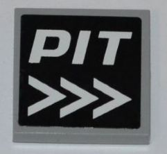 Lego Tile 2 x 2 with White Arrows and 'PIT' on Black Background Pattern (Sticker) - Set 8123 / Light Bluish Gray