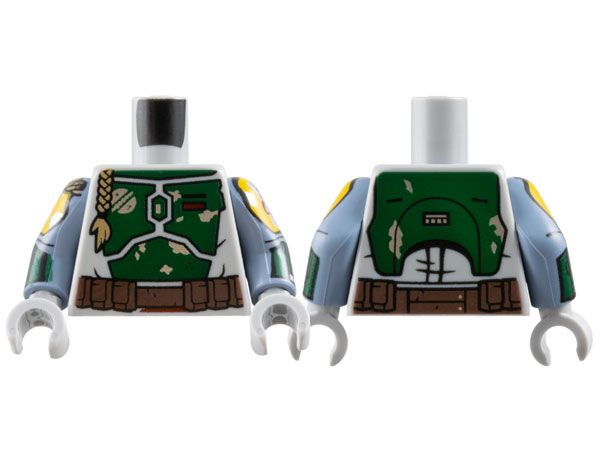 Lego Torso SW Mandalorian Dark Green Armor, Belt, Braid, Silver Emblem and Battle Damage, Dark Red Rectangle Pattern / Sand Blue Arms with Armor Pattern / Light Bluish Gray Hands