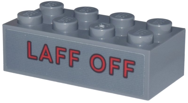 Lego Brick 2 x 4 with Red 'LAFF OFF' with Black Outline Pattern (Sticker) - Set 76271 / Dark Bluish Gray