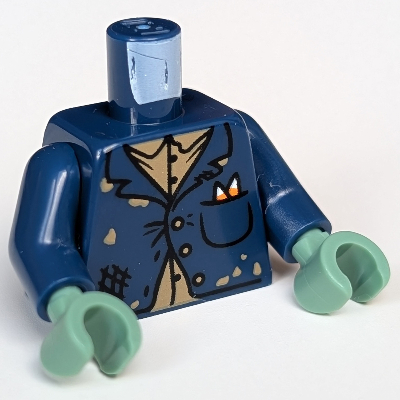 Lego Torso Suit Coat Tattered, Dark Tan Shirt Print, Dark Blue Arms, Sand Green Hands / Dark Blue