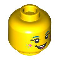 Lego Minifig Head Izzie, Dark Azure Eyebrows, Bright Pink Star and Heart on Cheeks, Dots, Open Mouth Smile / Closed Eyes Smile print / Yellow