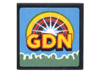 Lego Tile 2 x 2 with TV Screen with Yellow 'GDN', Semicircle, and Sand Green Crowd Silhouette on Medium Blue Background Pattern (Sticker) - Set 70620