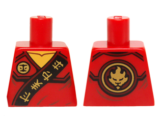 Lego Torso Ninjago Robe with Gold Asian Characters on Black Sash and Kai Power Emblem Pattern / Red