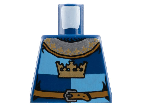 Lego Torso Castle Fantasy Era Gold Crown and Reddish Brown Belt with Silver Buckle on Medium Blue and Dark Blue Quarters Pattern / Dark Blue