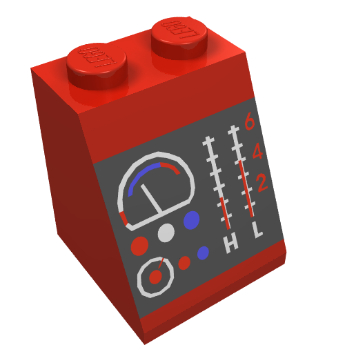 Lego Brick Sloped 65° 2 x 2 x 2 with Lamps and Dials Print / Red