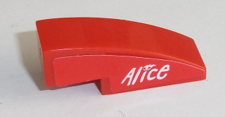 Lego Slope, Curved 3 x 1 with White 'Alice' on Red Background Pattern Model Right Side (Sticker) - Set 8142-2