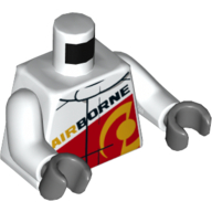 Lego Torso Race Jacket with Red Panel and 'AIRBORNE' on Front and Back Print, White Arms, Dark Bluish Gray Hands / White