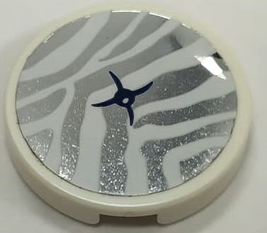 Lego Tile, Round 2 x 2 with Bottom Stud Holder with Cushion with White Tiger Stripes and Black Button on Silver Mirrored Background Pattern (Sticker) - Set 41341