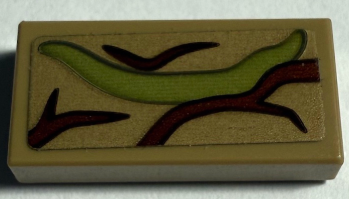 Lego Tile 1 x 2 with Reddish Brown Tree Bark Plates and Olive Green Vine Pattern (Sticker) - Set 76249