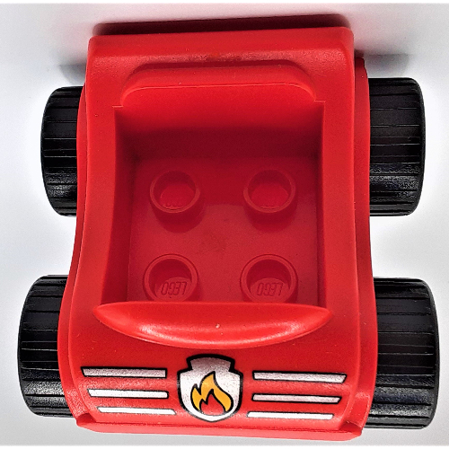 Lego Duplo Car with Silver Wheels and Fire Logo Print / Red