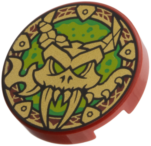 Lego Tile, Round 2 x 2 with Bottom Stud Holder with Gold Dragon Skull, Lime and Bright Green Background Pattern / Dark Red
