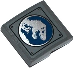 Lego Slope, Curved 2 x 2 x 2/3 with Dark Blue and Silver Jurassic World Logo on Panel with Rivets Pattern (Sticker) - Set 75918