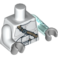 Lego Torso, Odd Arms and Hands, Armor Clone Trooper with Dark Tan Diagonal Belt Print (Jek-14), Left Trans-Light Blue Arm with Lightning Print and Light Bluish Gray Hand, Right White Arm and Light Bluish Gray Hand / White