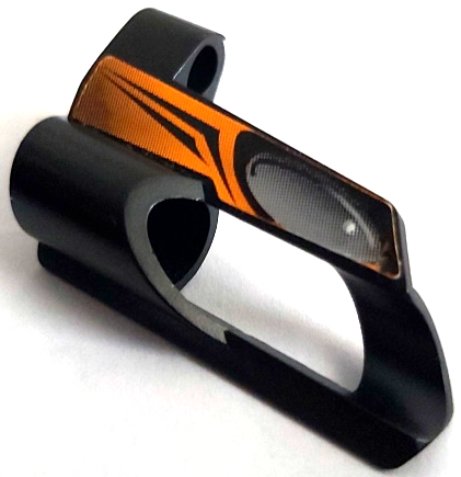 Lego Technic, Panel Fairing # 6 Small Short, Large Hole, Side B with Silver Oval, Orange Area Pattern (Sticker) - Set 8516 / Black