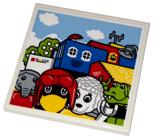 Lego Tile 4 x 4 with LEGO Fabuland 'House', Trees and Minifigures Pattern (Sticker) - Set 40506