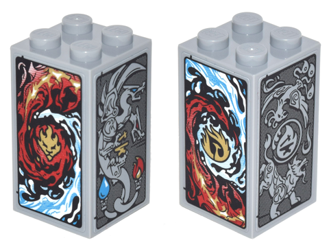Lego Brick 2 x 2 x 3 with Red and Dark Azure Flames, Red and Dark Azure Waves, Gray Dragon, Lion and Phoenix Pattern on All Sides (Stickers) - Set 70627